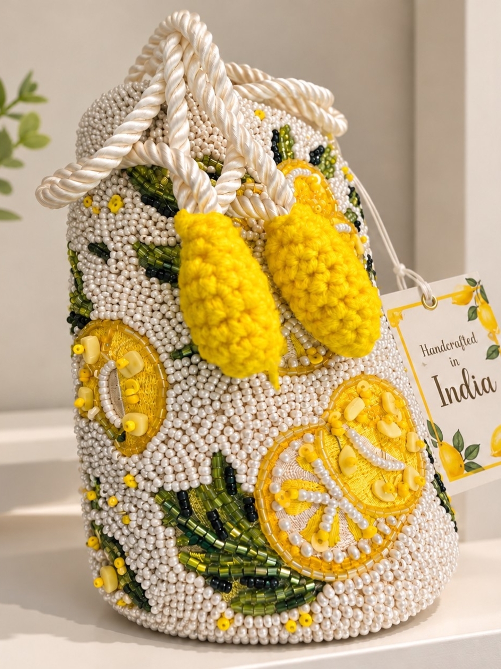 Handcrafted in India Lemon Beaded Bucket Bag – NWT 🍋